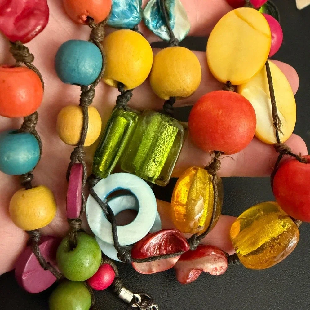 Beaded Necklace Wood Shell Glass Bead Boho Dopamine Summer